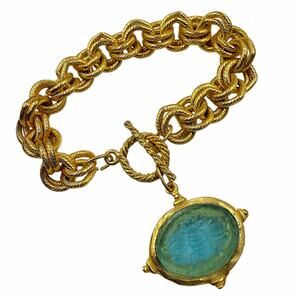 Susan Shaw Aqua Venetian Glass Bee Intaglio Toggle Chain Statement Bracelet 90s